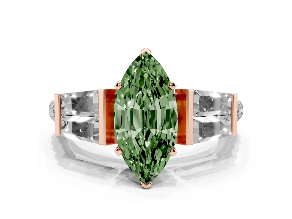 Fancy Green Marquise Cut Diamond Engagement Ring with Baguette Side Stones and Channel Set Band Rose gold