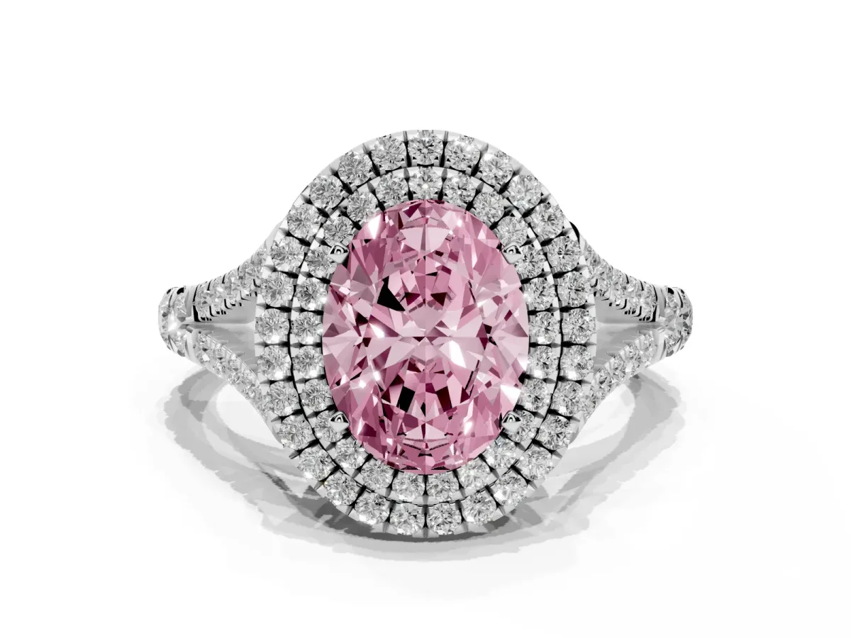 Fancy Pink Double Halo Oval Cut Diamond Split Shank Engagement Ring with Four-Prong Setting Silver