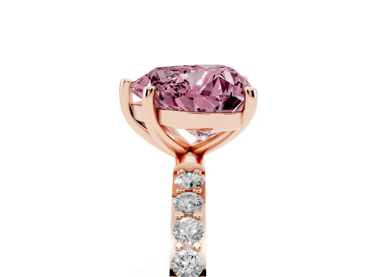 Fancy Pink Heart Cut Diamond Solitaire Ring with Round Pavé Shoulders and Prong Setting Rose gold