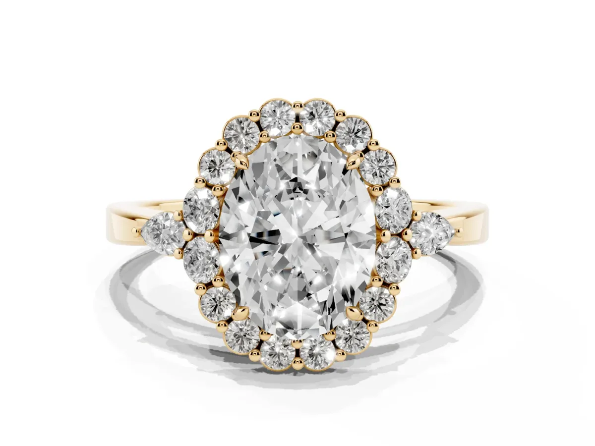 Oval Cut Diamond Halo Ring with Pear Side Stones and Prong Setting Yellow gold