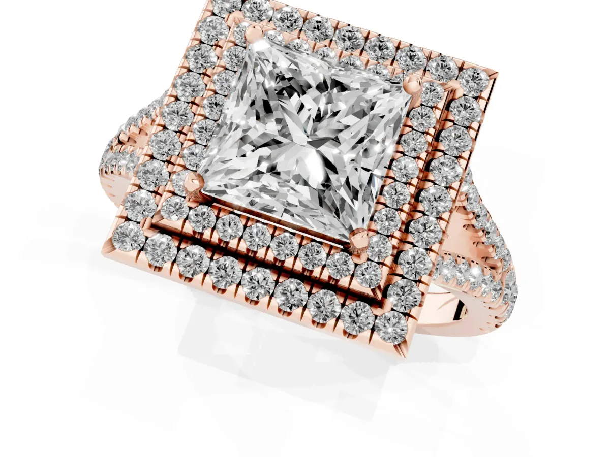Princess Cut Diamond Double Halo Ring with Pavé Band and Prong Setting Rose gold