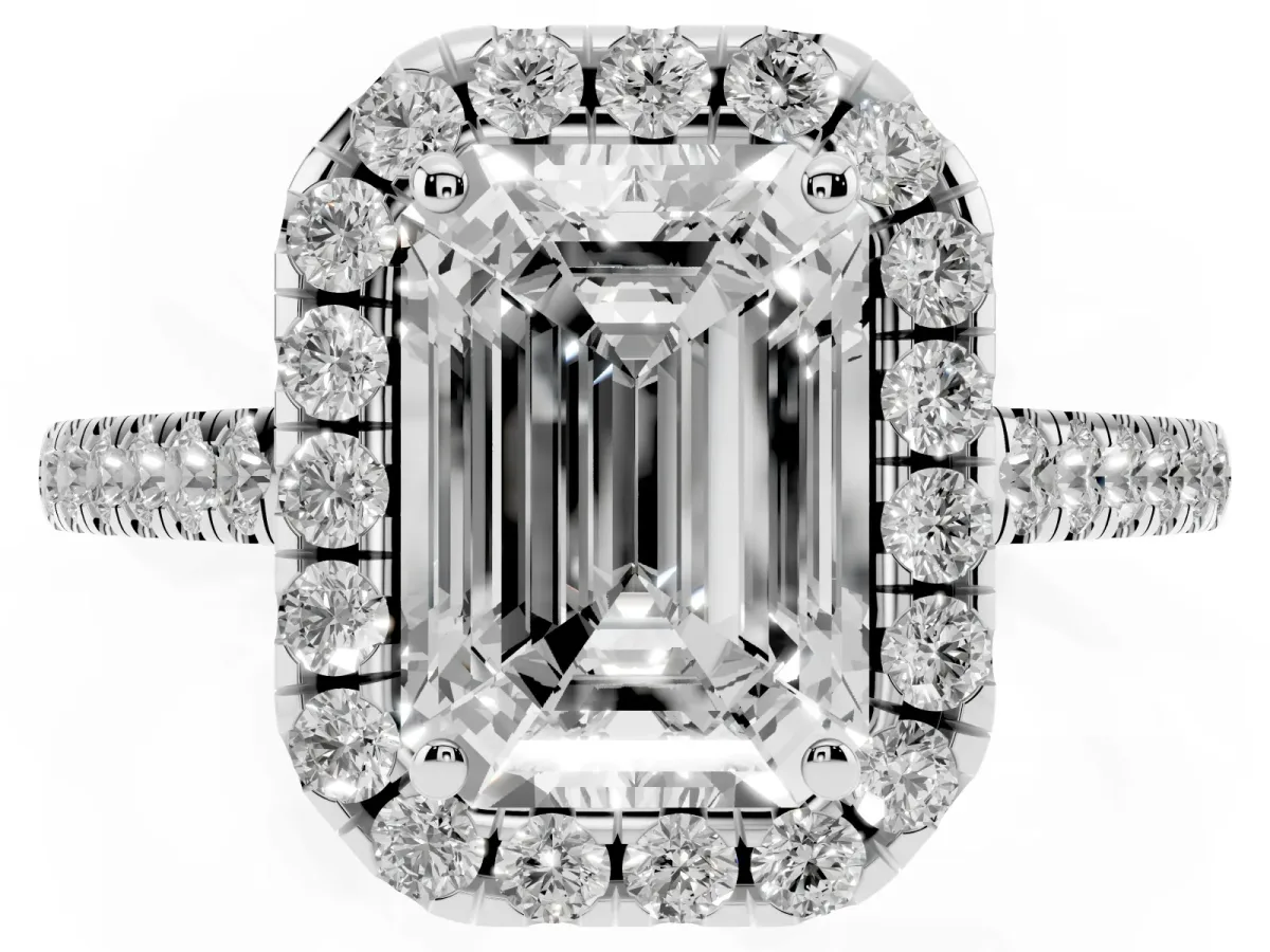 Emerald Cut Halo Pave Diamond Engagement Ring with Four-Prong Setting Platinum