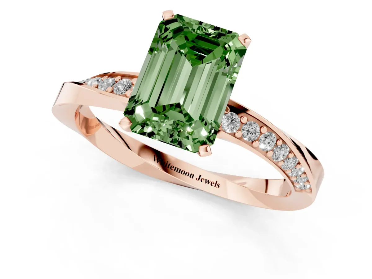 Fancy Green Emerald Cut Diamond Engagement Ring with Side Stone Accents and Four-Prong Setting Rose gold