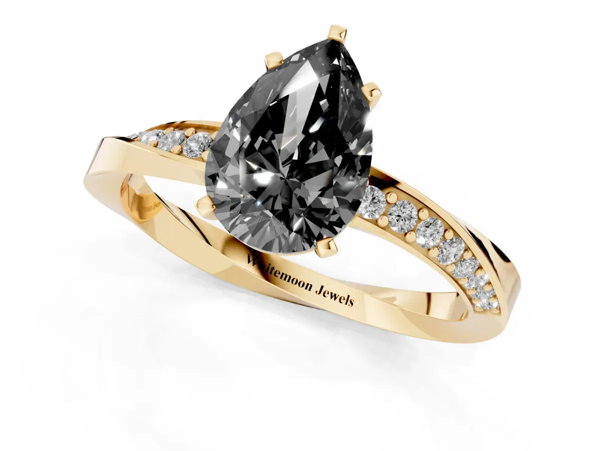 Fancy Black Pear Cut Diamond Engagement Ring with Side Stone Accents and Four-Prong Setting Yellow gold