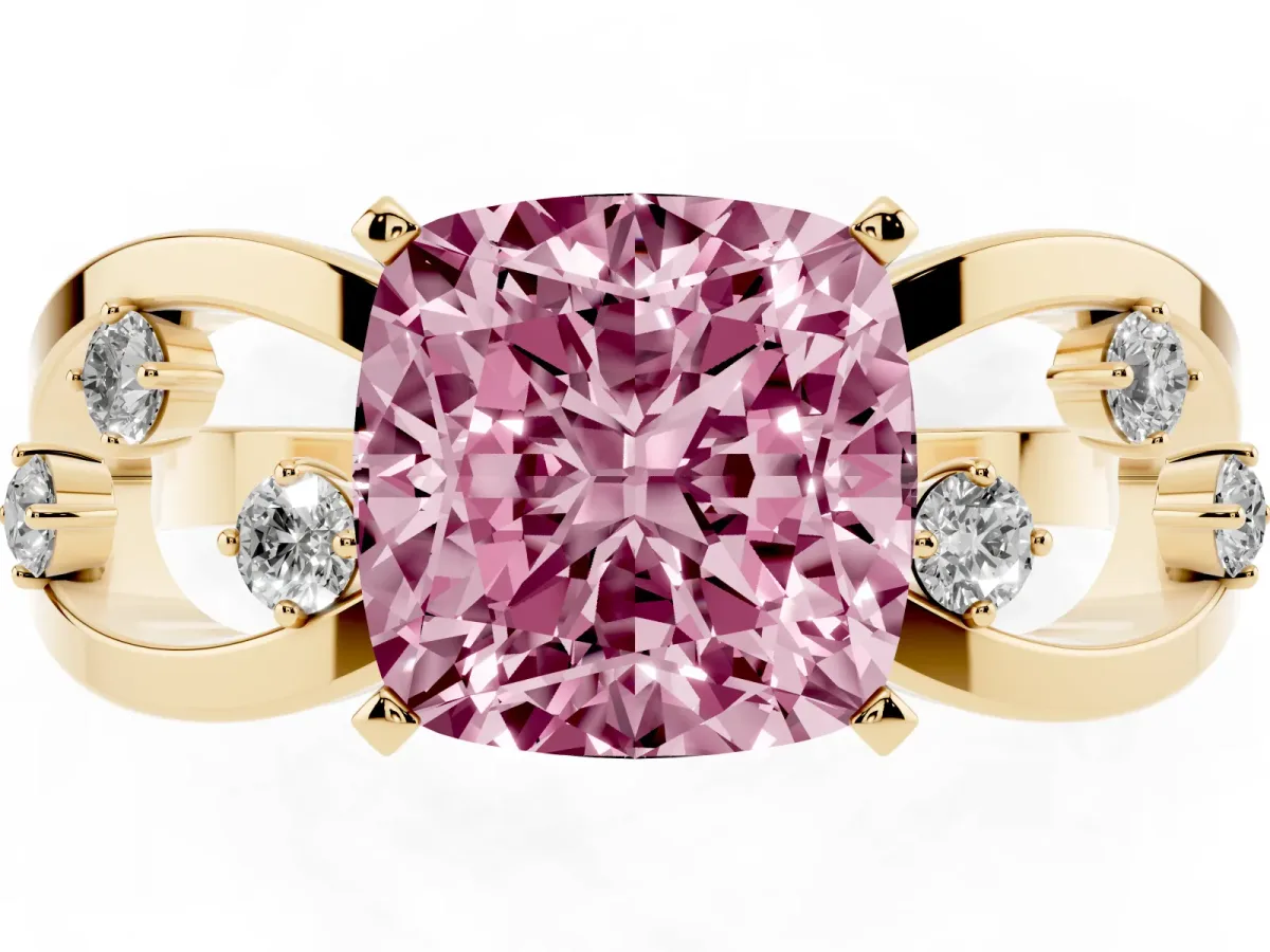 Fancy Pink Cushion Cut Cut Solitaire Diamond with Side Stones on Criss-Cross Band and Four-Prong Setting Yellow gold