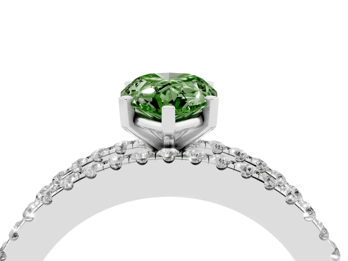 Fancy Green Pear Cut Diamond Solitaire Ring with Pavé and Channel Set Band Silver