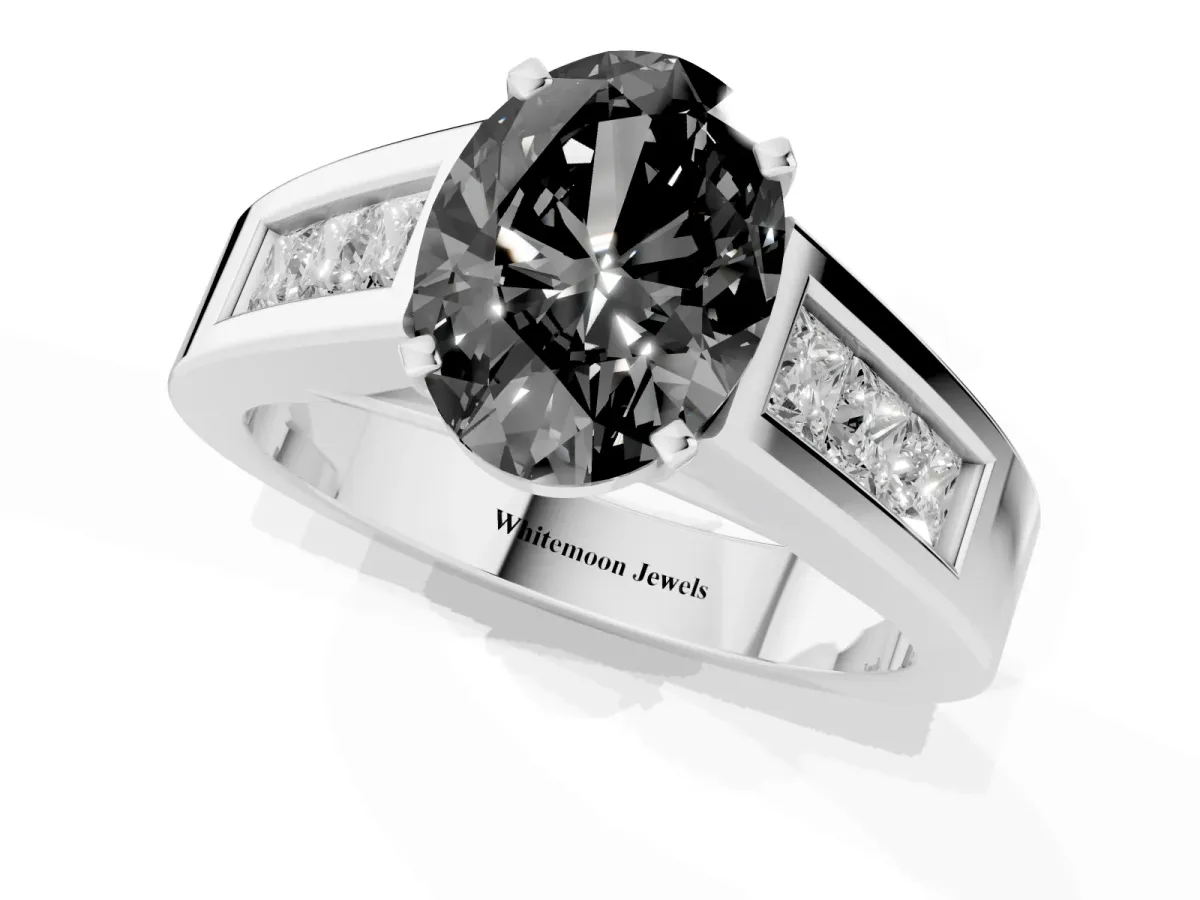 Fancy Black Oval Cut Cut Channel Set Solitaire Ring with Four-Prong Setting White gold