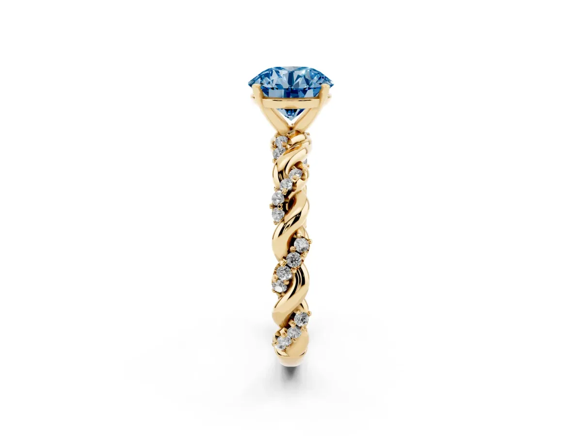 Fancy Blue Round Cut Diamond Solitaire Ring with Twisted Band and Pavé Accents Yellow gold