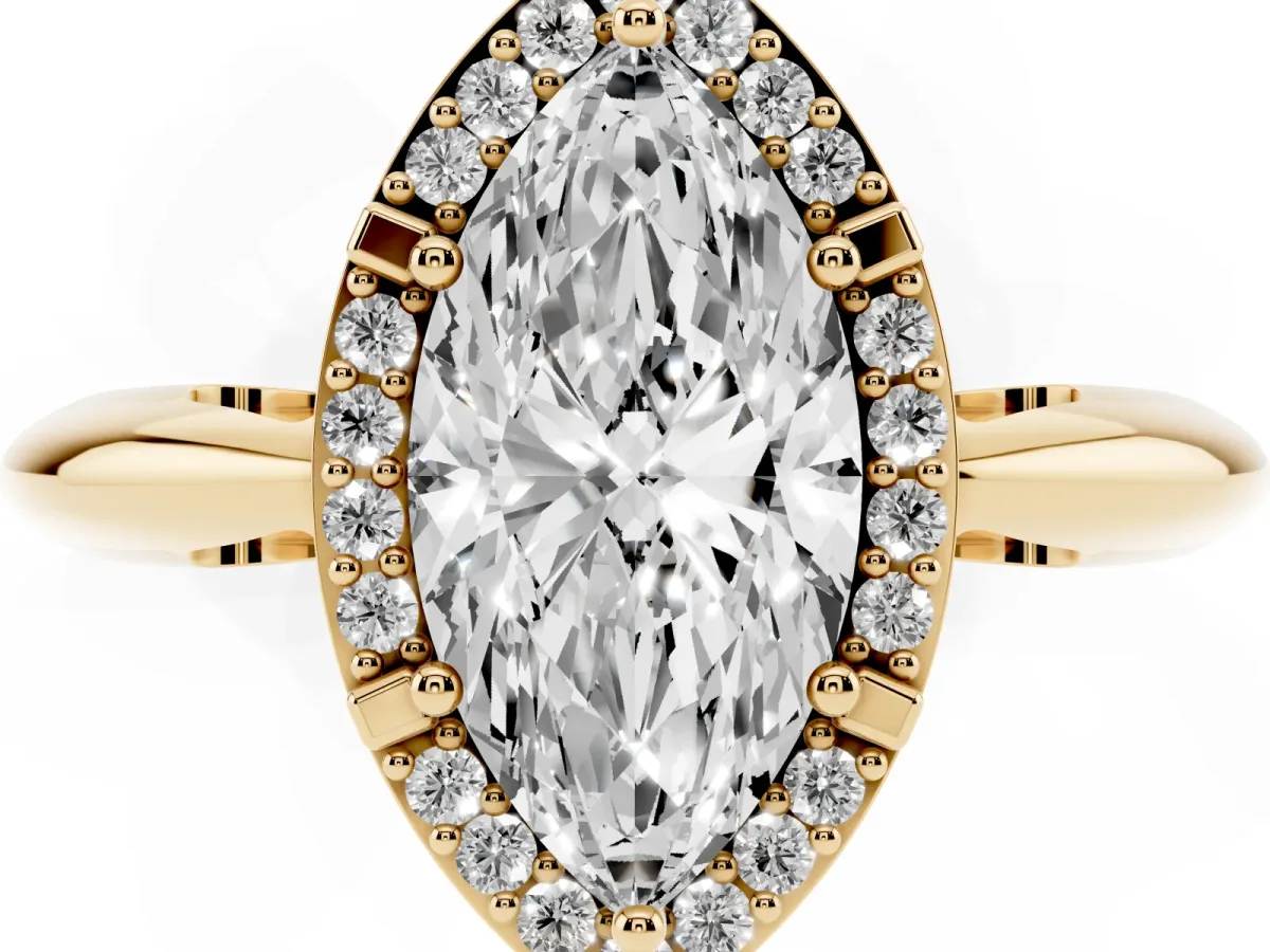 Marquise Cut Cut Diamond Halo Engagement Ring with Split Shank and Four-Prong Setting Yellow gold