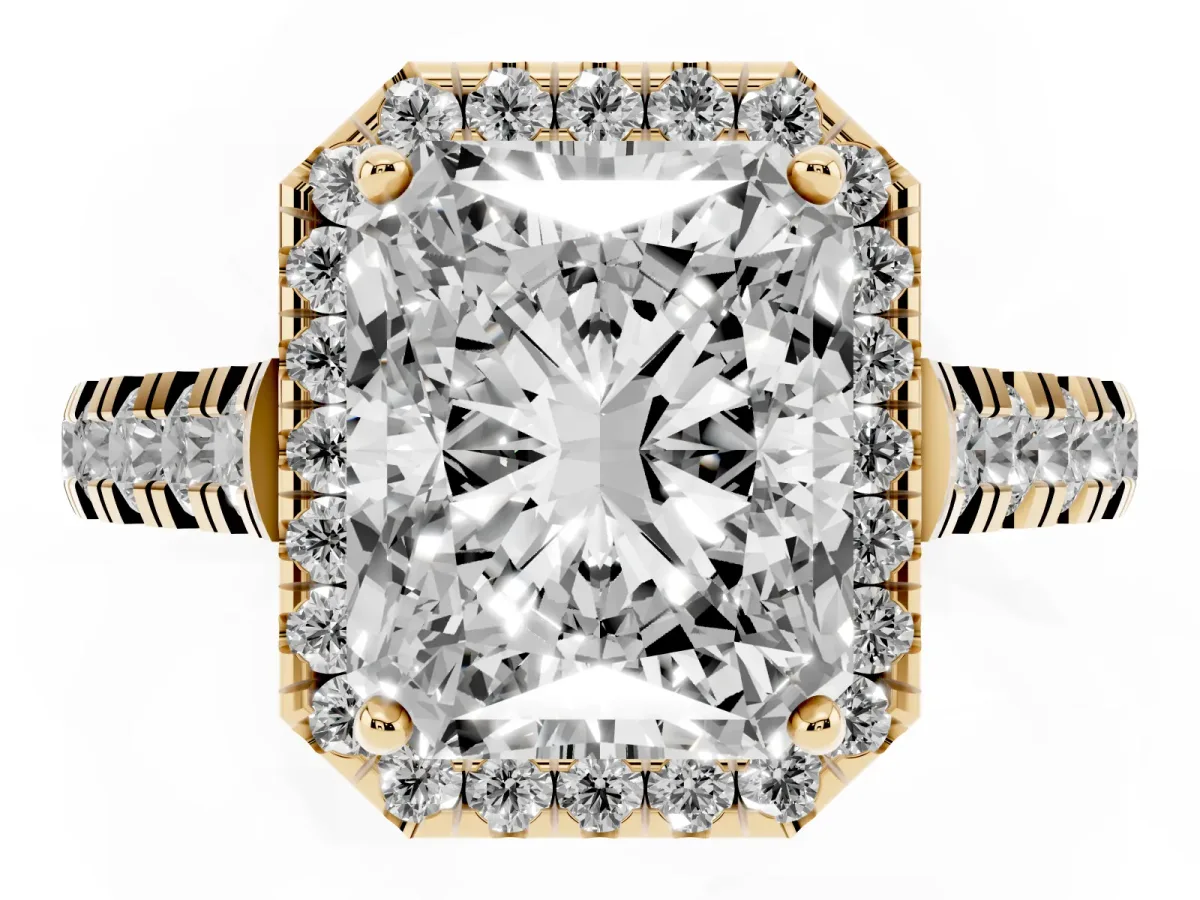 Radiant Cut Halo Pavé Diamond Engagement Ring with Four-Prong Setting Yellow gold