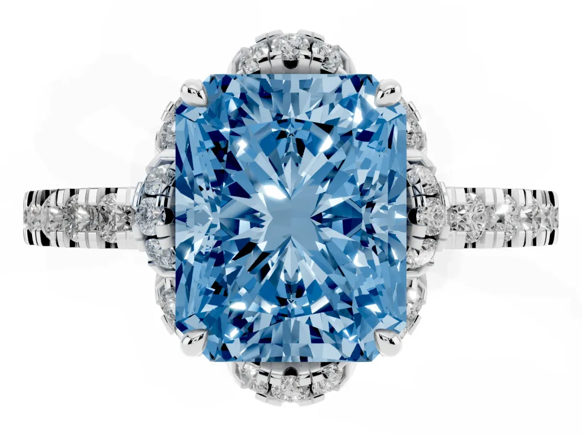 Fancy Blue Radiant Cut Halo Diamond Pave Band Ring with Four-Prong Setting Silver