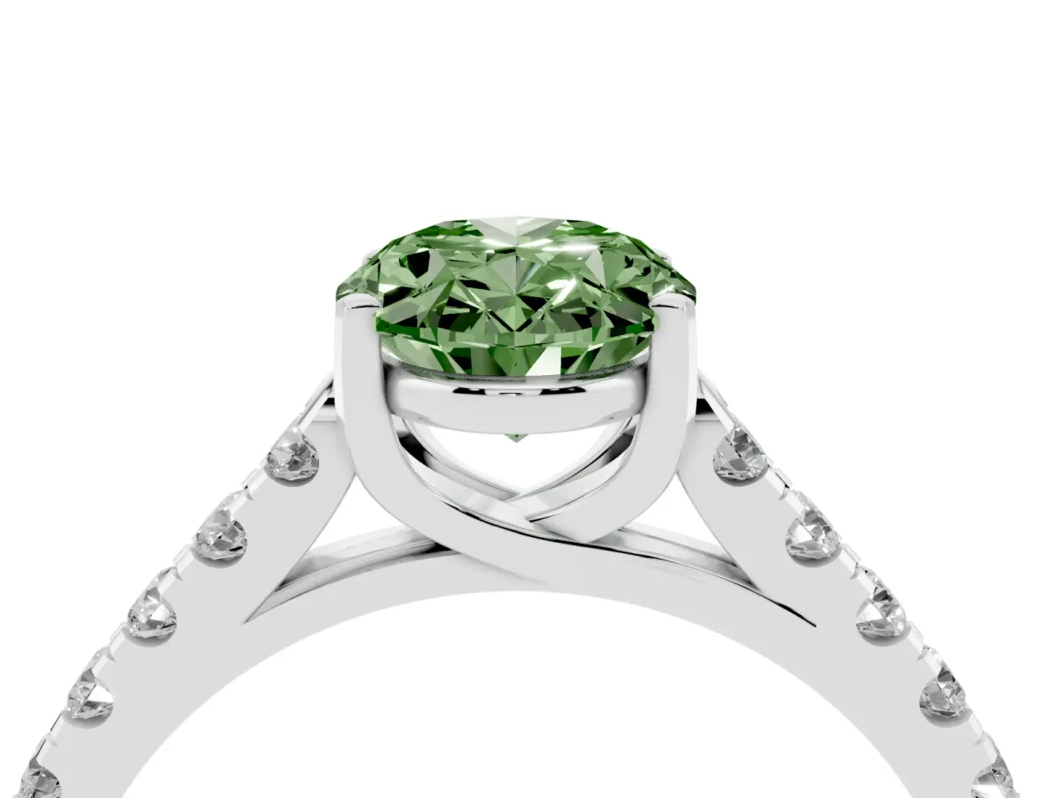 Fancy Green Oval Cut Diamond Pavé Band Solitaire Ring with Prong Setting Platinum