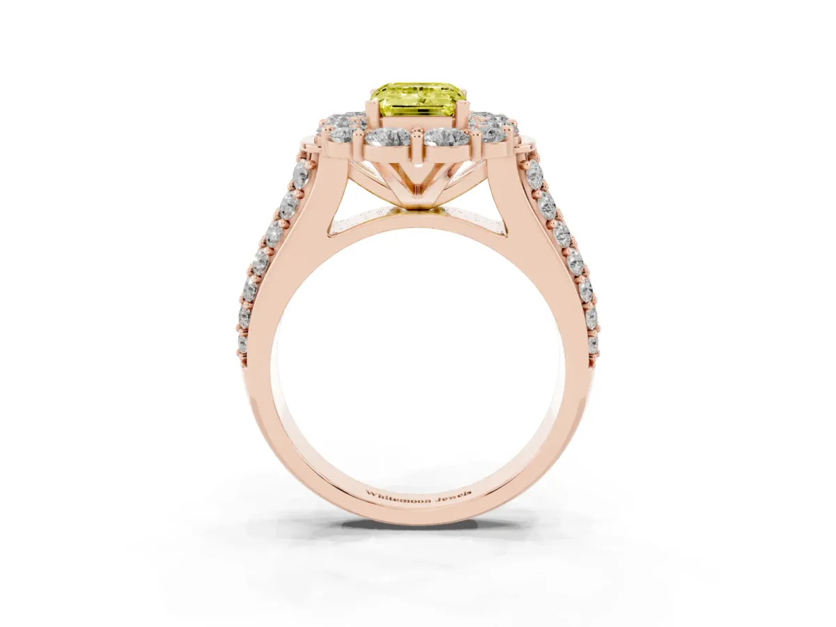 Fancy Yellow Emerald Cut Halo Diamond Engagement Ring with Split Shank and Prong Setting Rose gold