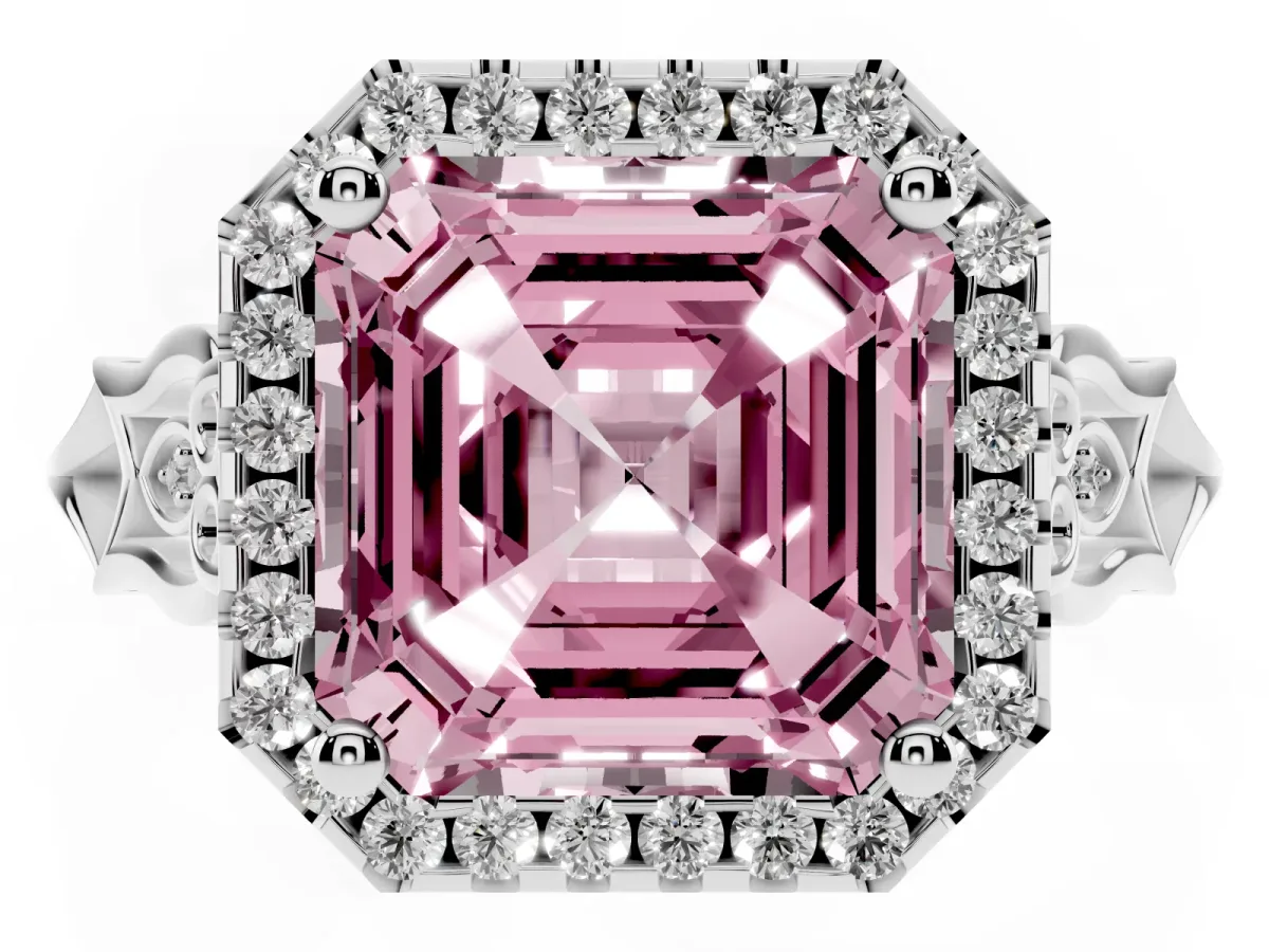 Fancy Pink Asscher Cut Halo Diamond Engagement Ring with Filigree Band and Four-Prong Setting Platinum