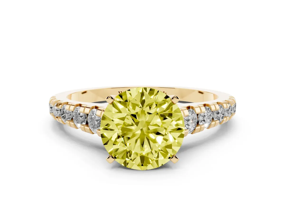 Fancy Yellow Round Cut Diamond Cathedral Solitaire Ring with Round Pavé Band Yellow gold
