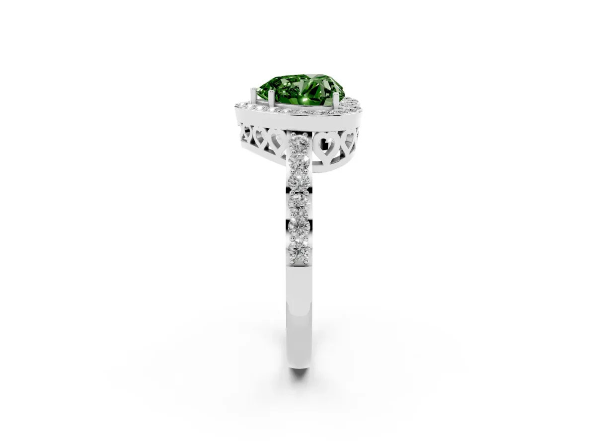 Fancy Green Heart Cut Halo Diamond Pavé Band Ring with Prong Setting Platinum