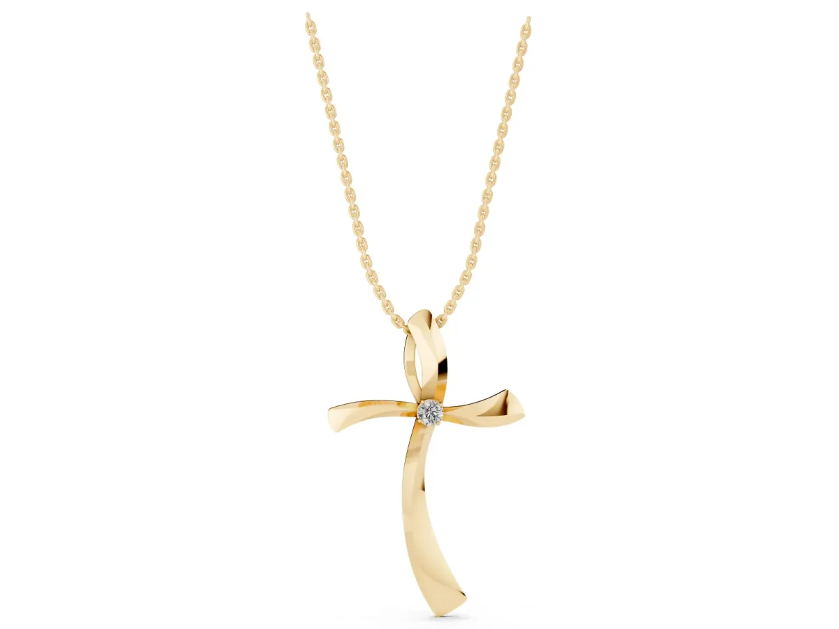 Curved Cross Pendant with Round Diamond in Bezel Setting Yellow gold