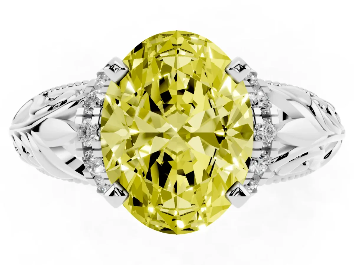 Fancy Yellow Oval Cut Solitaire Filigree Engagement Ring with Halo and Prong Setting Silver