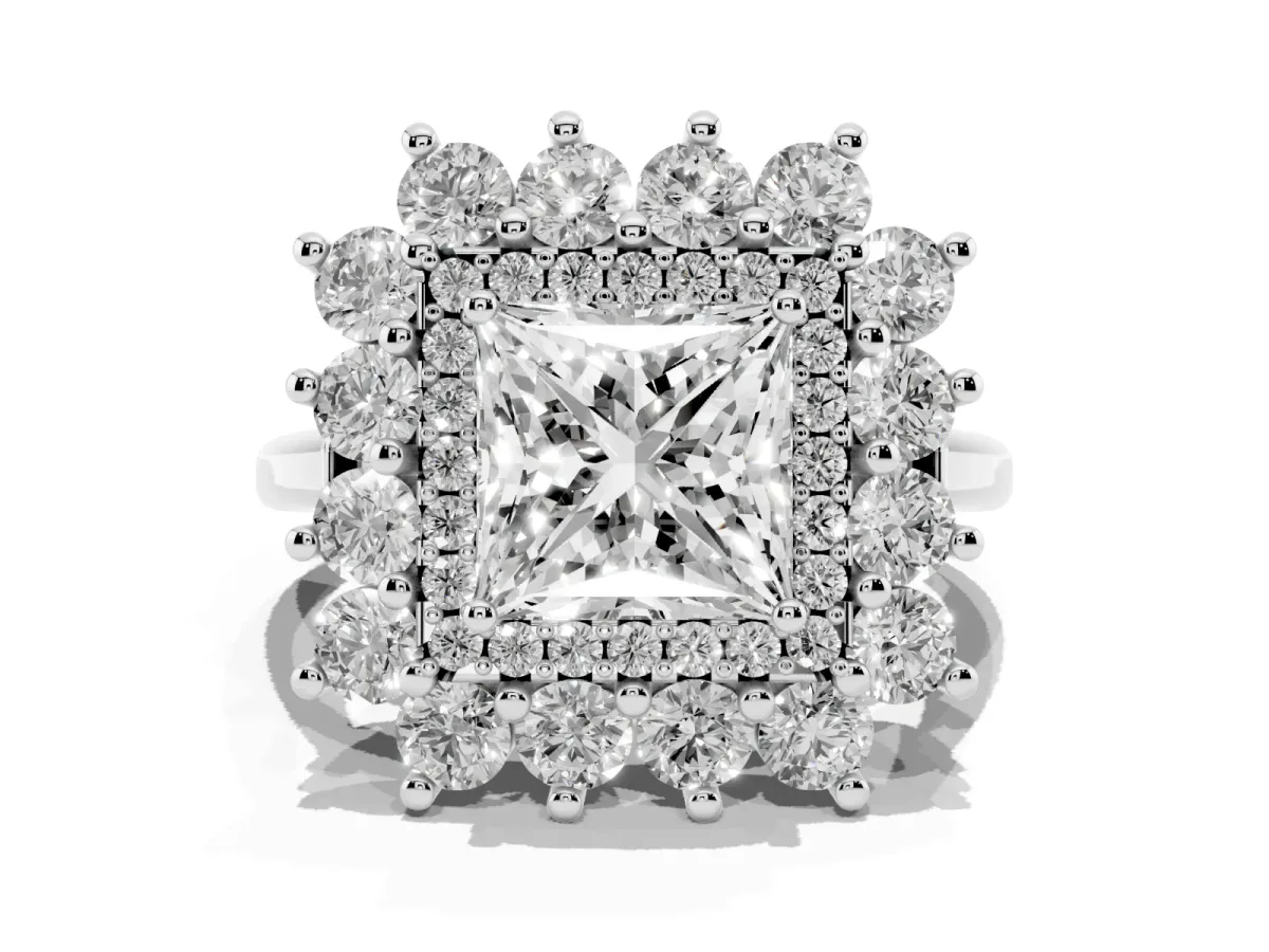 Princess Cut Diamond Floral Double Halo Engagement Ring with Prong Setting Silver