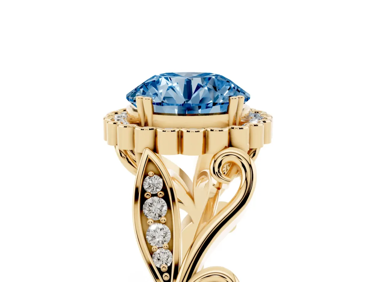 Fancy Blue Round Cut Diamond Halo Ring with Vintage Split Shank and Four-Prong Setting Yellow gold
