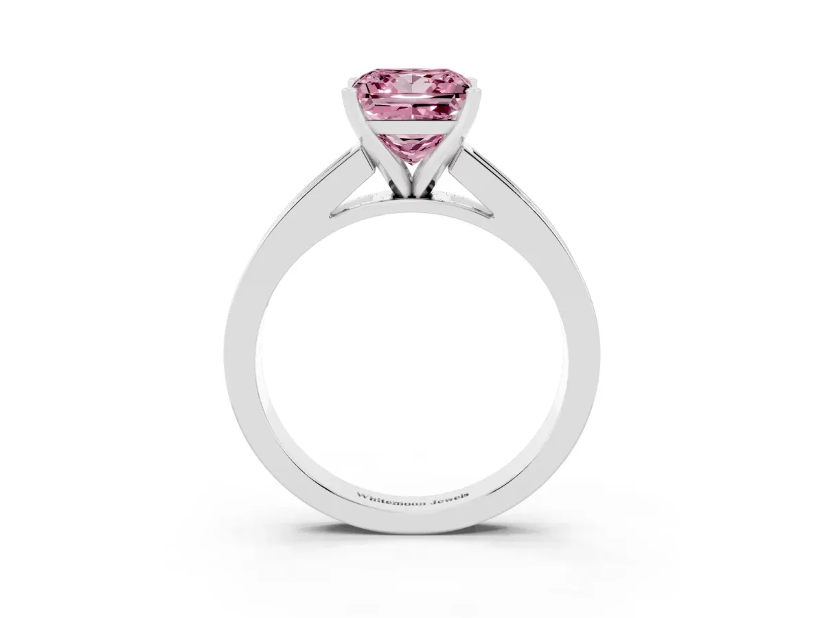 Fancy Pink Princess Cut Solitaire Diamond Ring with Channel-Set Band and Four-Prong Setting White gold