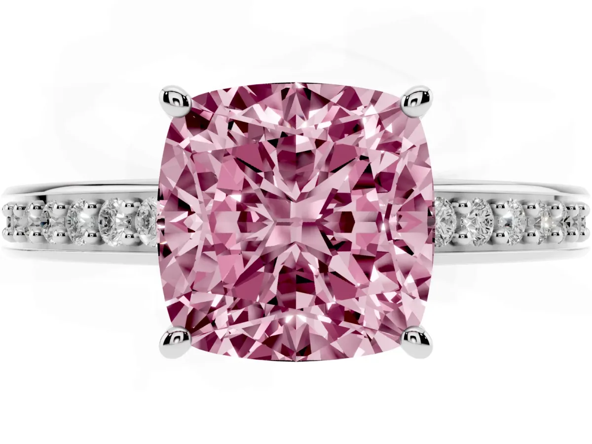 Fancy Pink Cushion Cut Solitaire Pavé Band Prong Setting Ring Silver