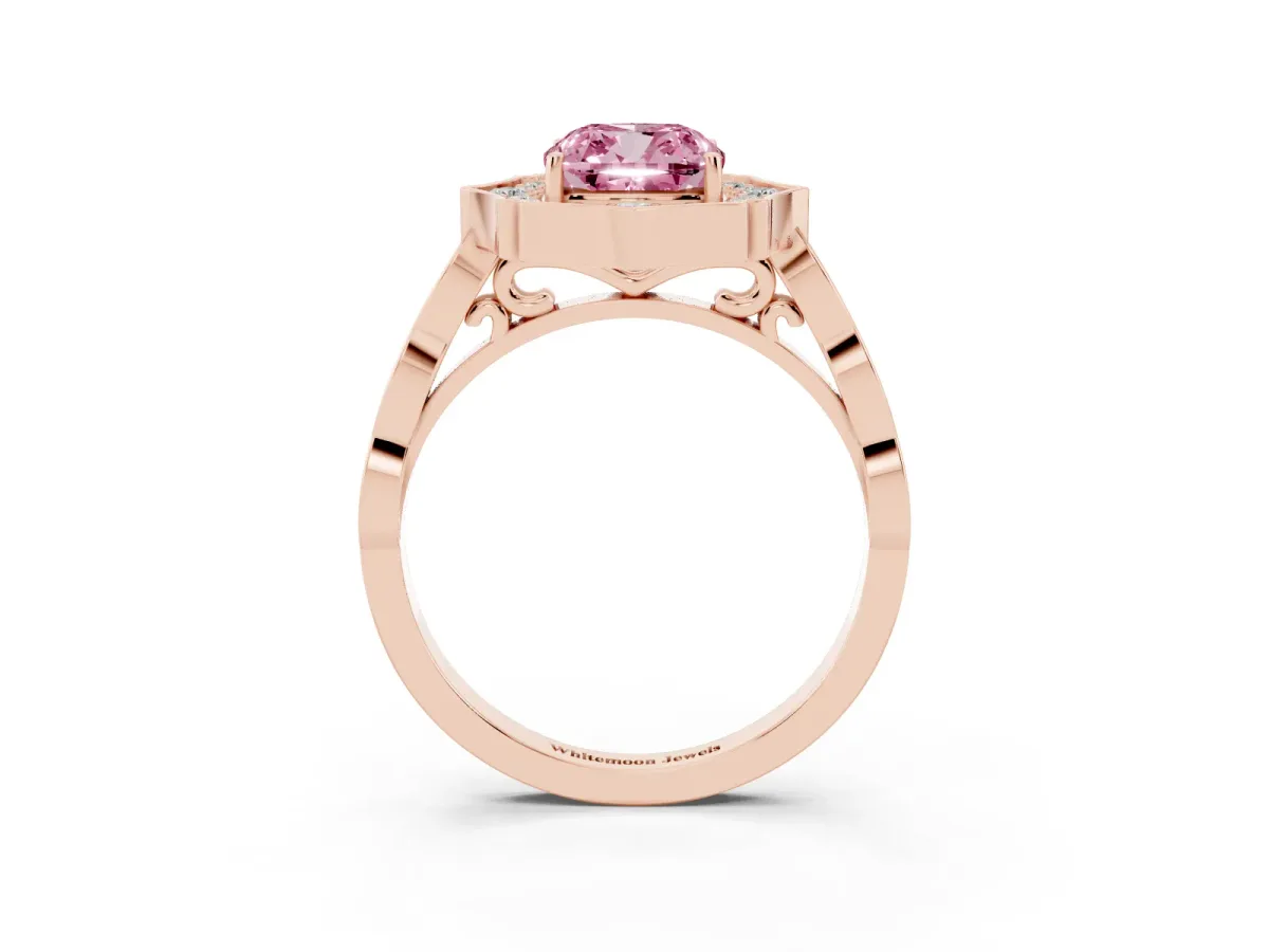 Fancy Pink Cushion Cut Halo Diamond Engagement Ring with Milgrain Band and Four-Prong Setting Rose gold