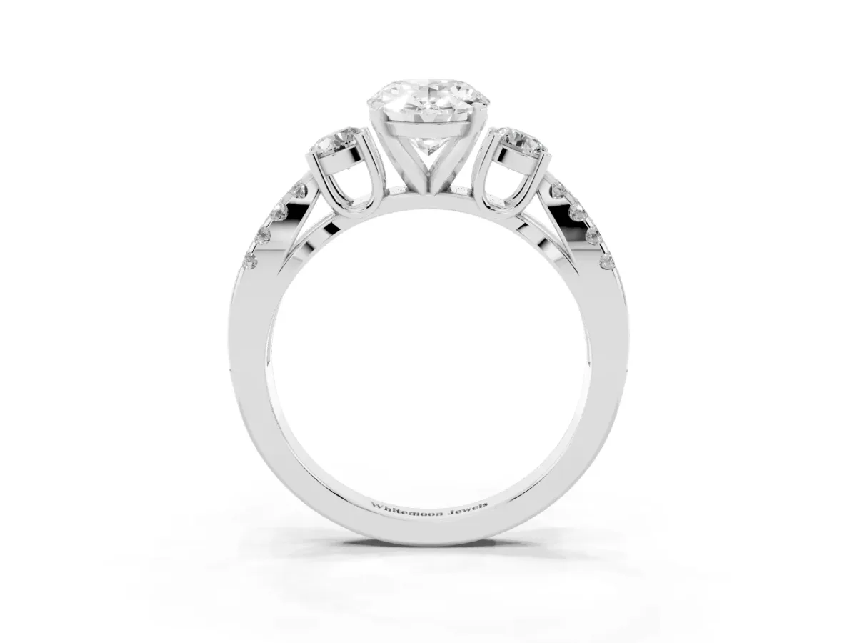 Oval Cut Diamond Three-Stone Ring with Pavé Split Shank and Four-Prong Setting Platinum