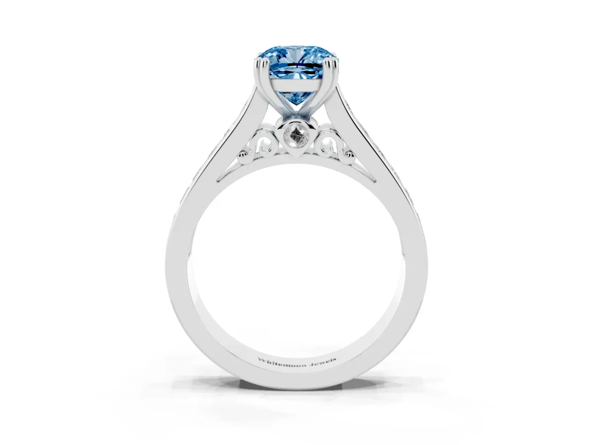 Fancy Blue Cushion Cut Cut Channel Set Solitaire Engagement Ring with Prong Setting Platinum