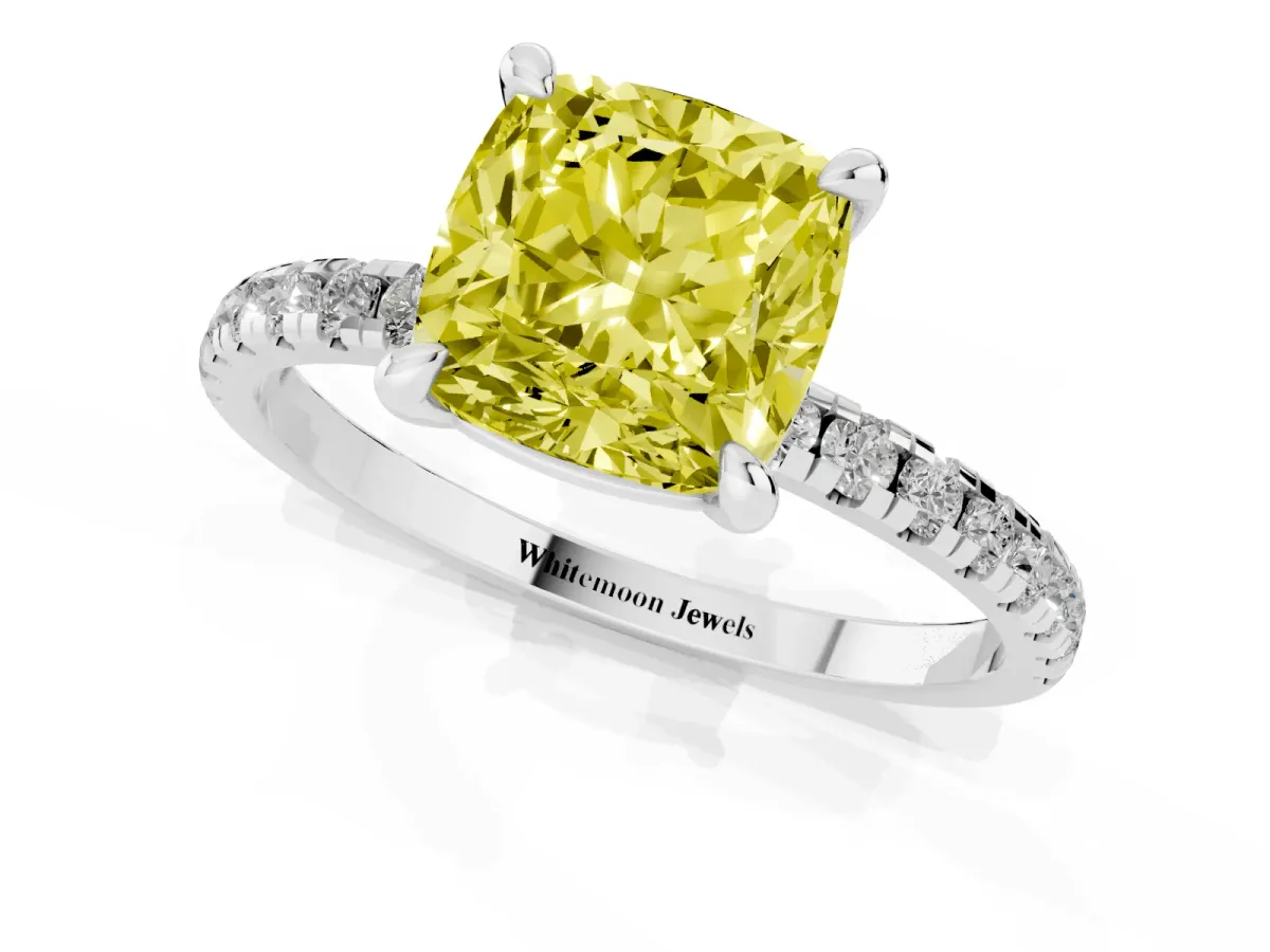 Fancy Yellow Cushion Cut Diamond Brilliant Solitaire Ring with Pavé Band and Four-Prong Setting Platinum