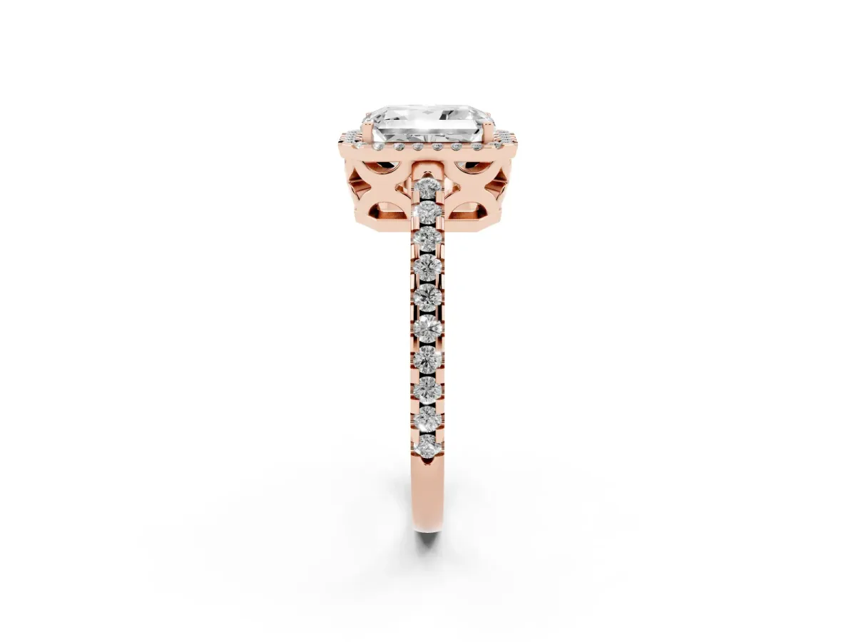 Radiant Cut Diamond Halo Engagement Ring with Pavé Band and Prong Setting Rose gold