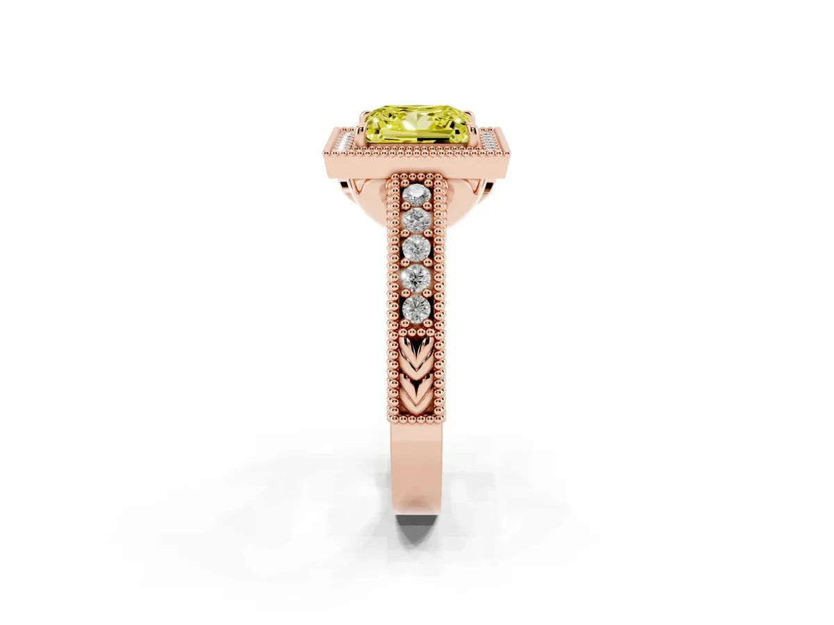 Fancy Yellow Princess Cut Cut Halo Diamond Ring with Pavé Band and Four-Prong Setting Rose gold