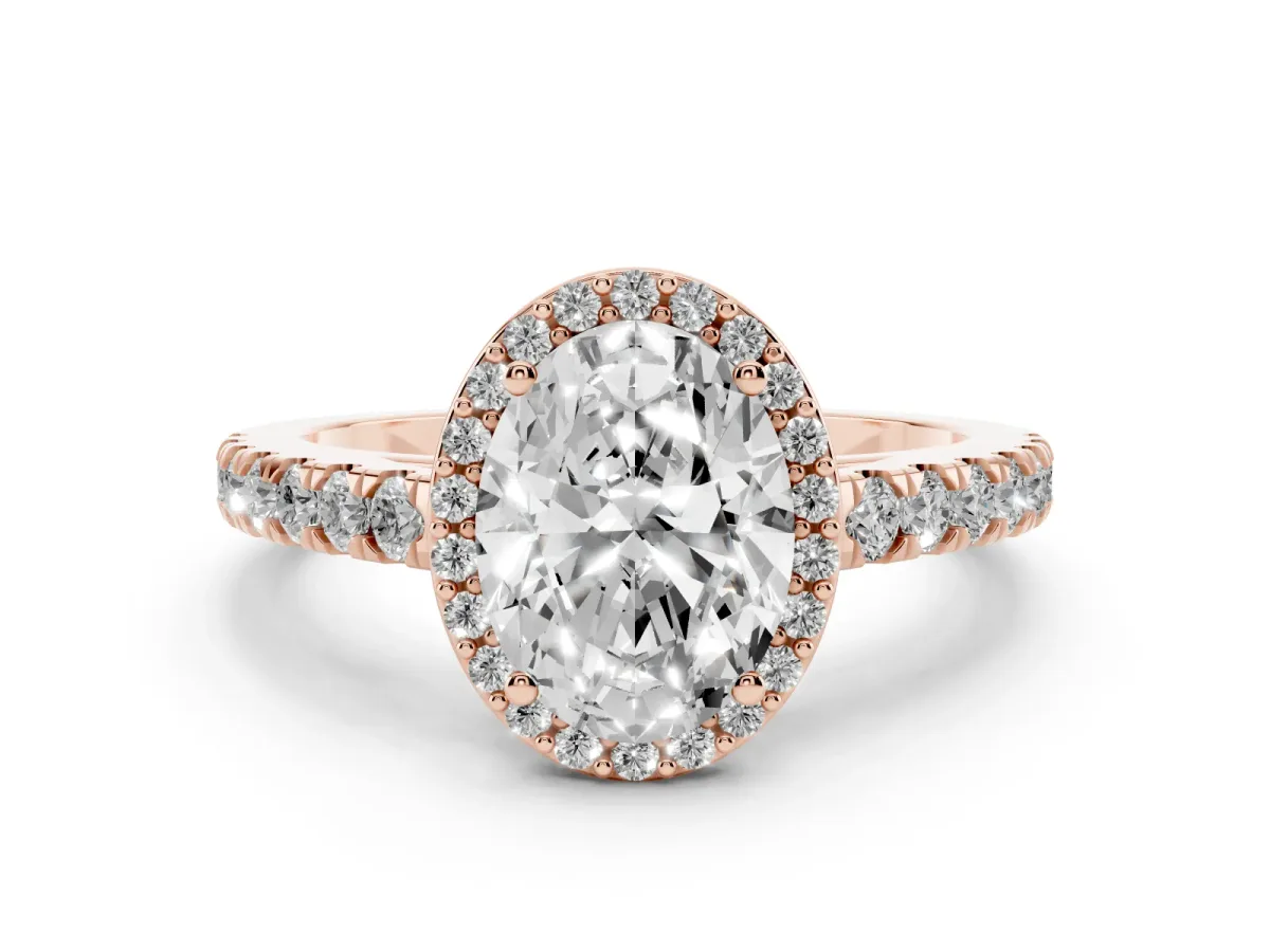Oval Cut Cut Halo Diamond Engagement Ring with Pave Band and Four-Prong Setting Rose gold