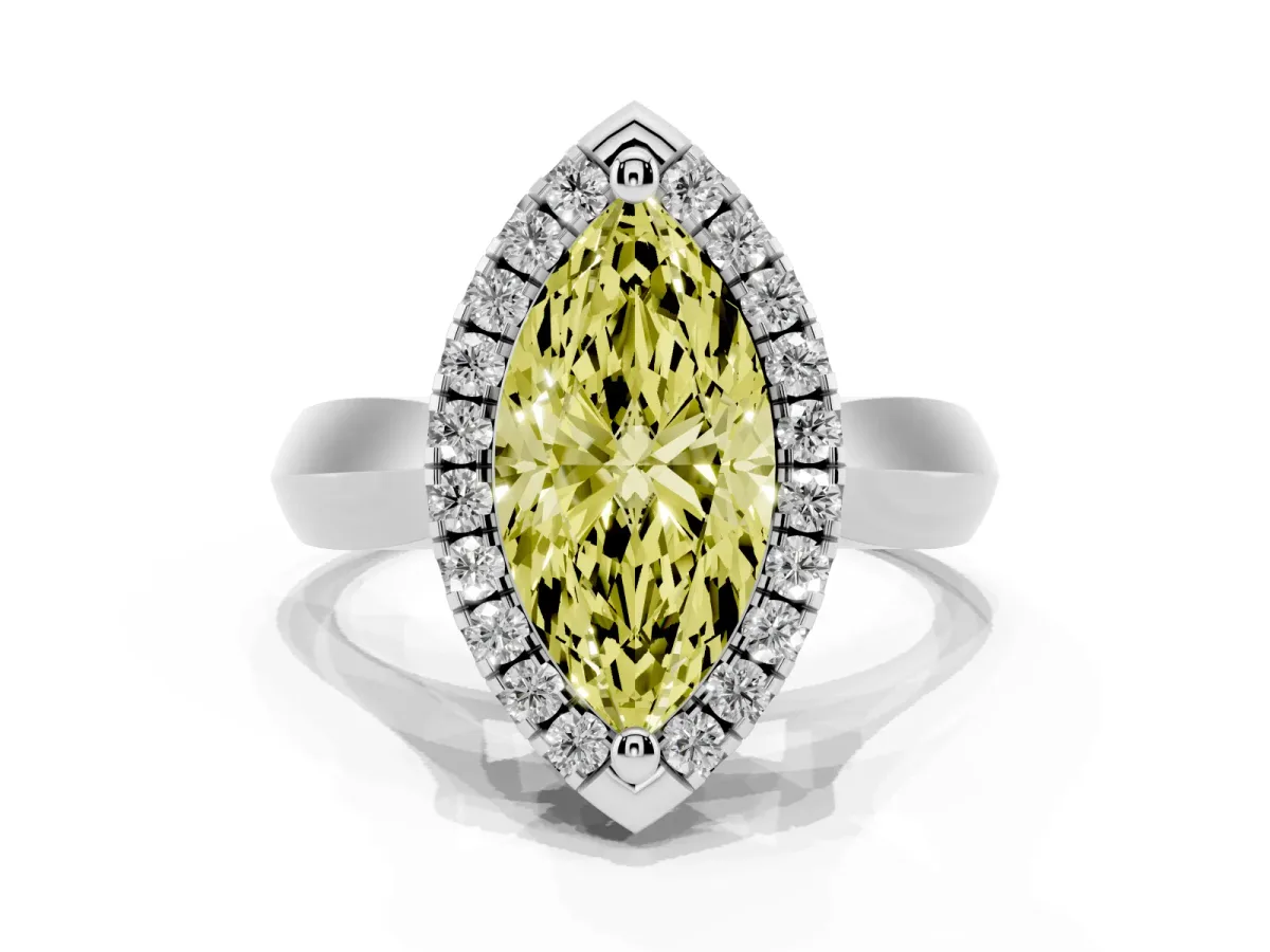 Fancy Yellow Marquise Cut Cut Halo Solitaire Engagement Ring with Square Band and Four-Prong Setting Platinum