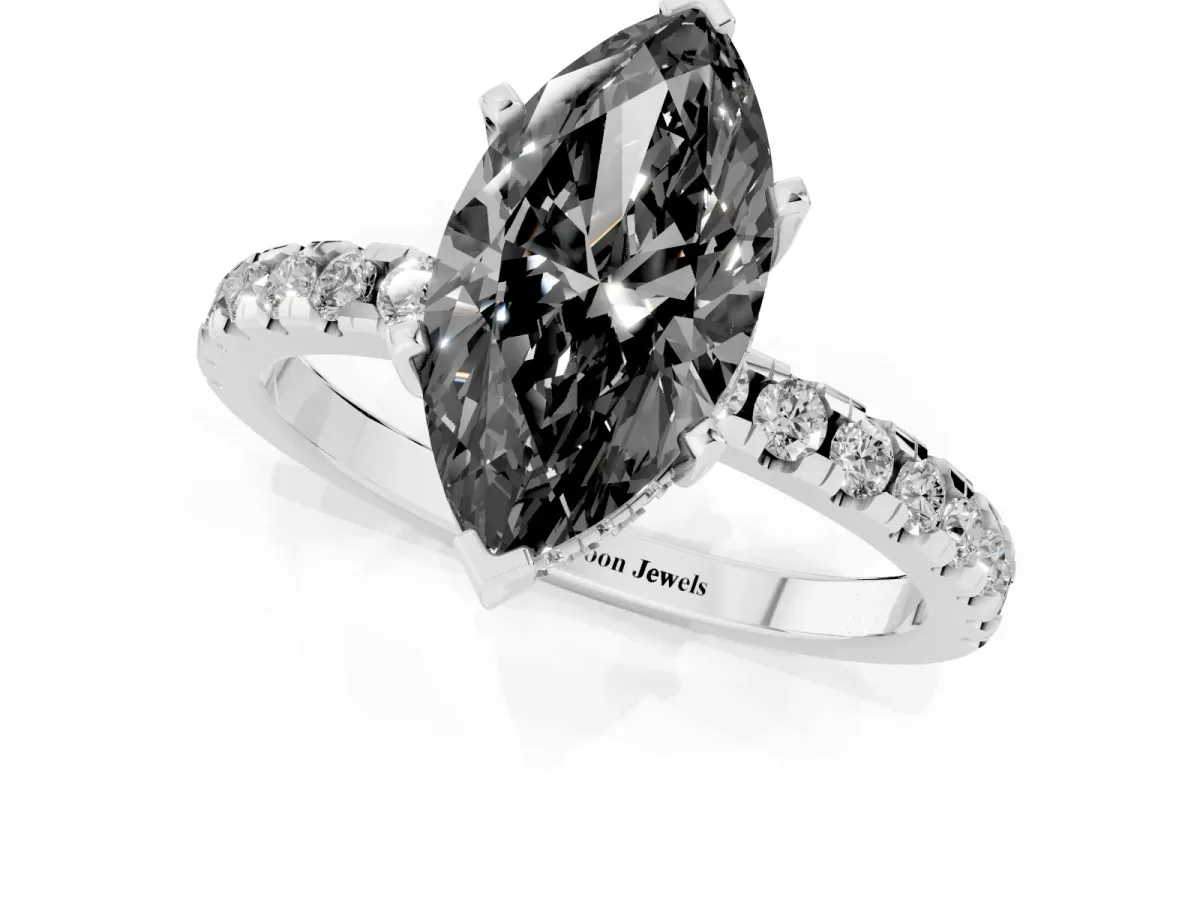 Fancy Black Marquise Cut Diamond Solitaire Ring with Round Pavé Band and Four-Prong Setting Silver