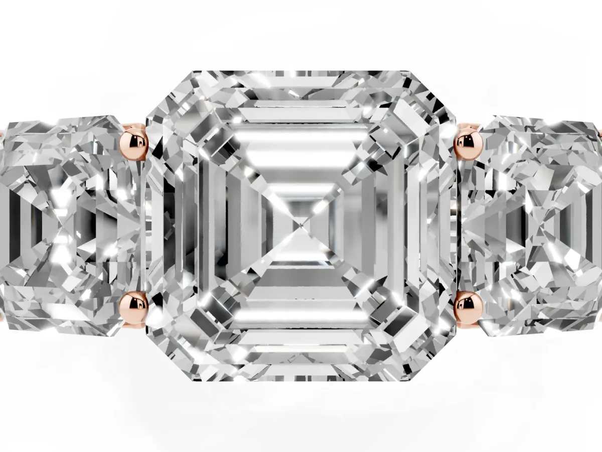 Asscher Cut Three-Stone Diamond Ring with Prong Setting on a Classic Band Rose gold