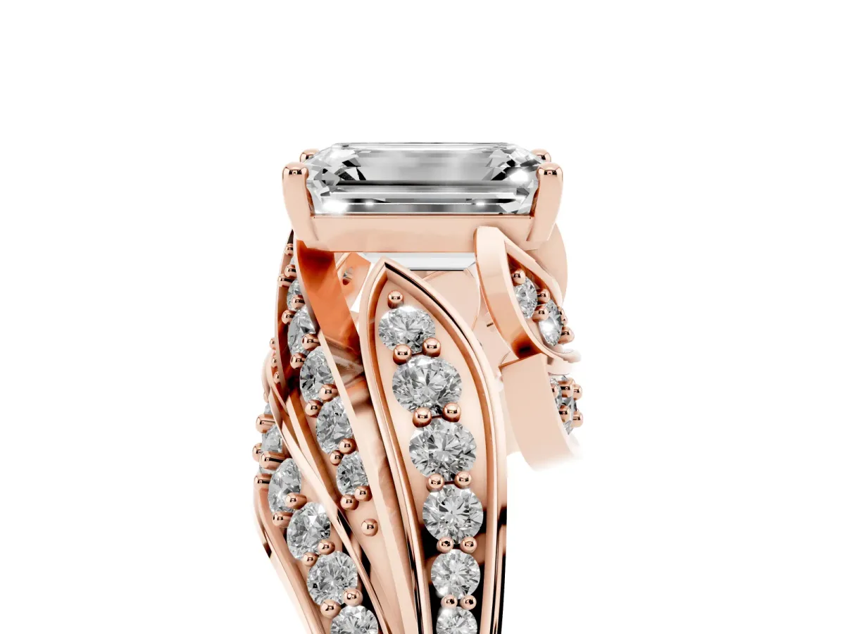 Emerald Cut Diamond Solitaire Ring with Prong Setting and Twisted Pavé Band Rose gold
