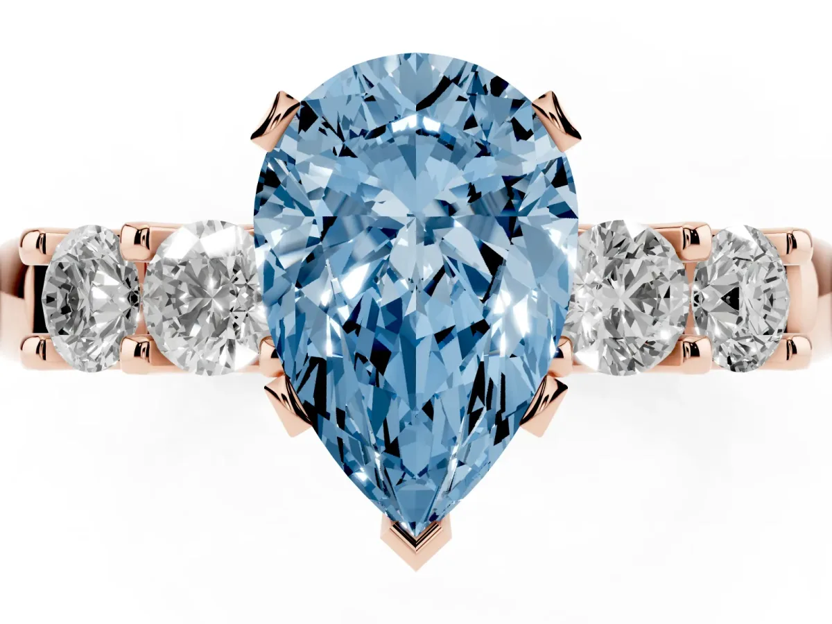 Fancy Blue Pear Cut Brilliant Cut Diamond Five-Stone Prong Set Engagement Ring with Channel Band Rose gold