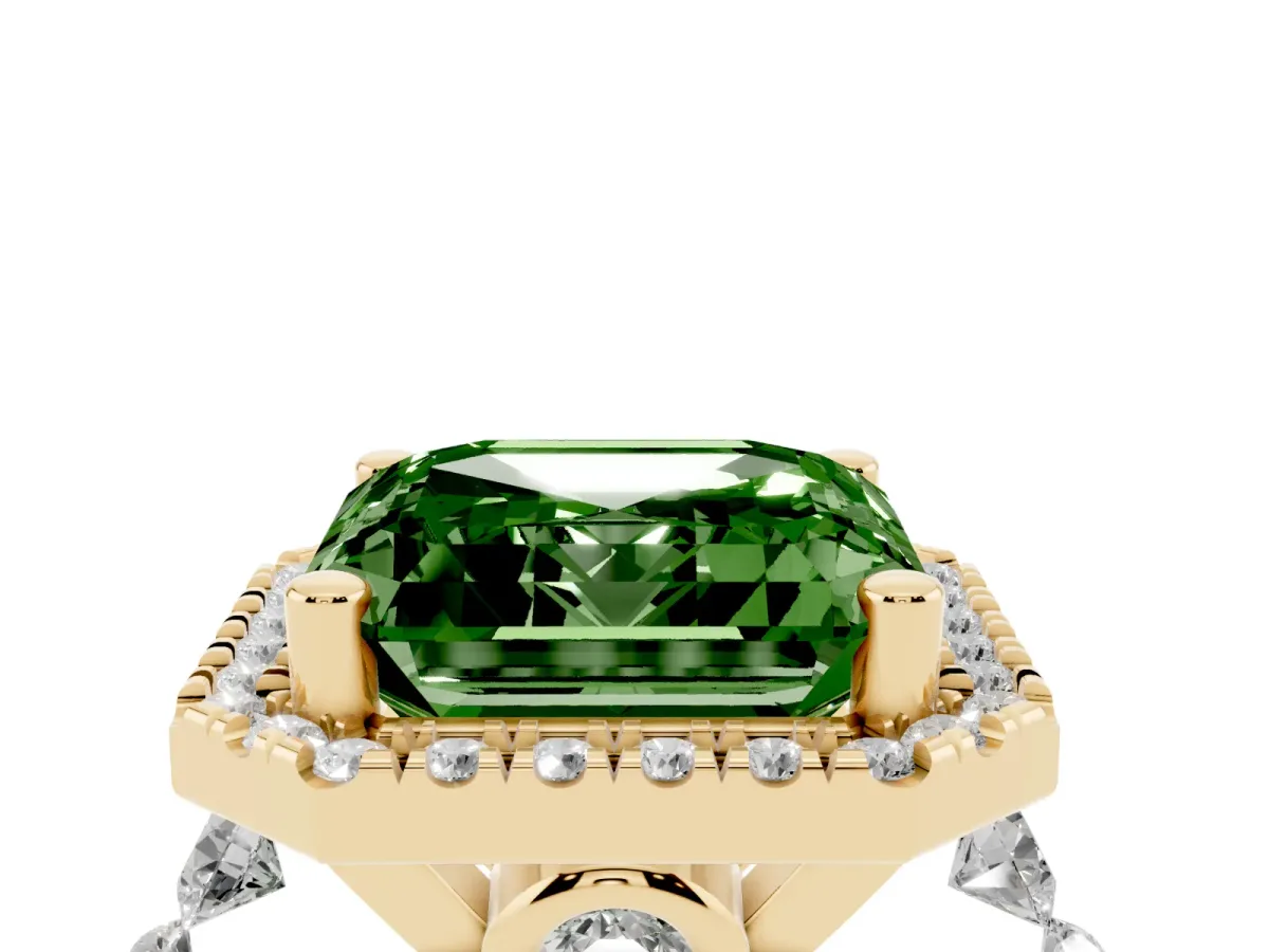 Fancy Green Asscher Cut Halo Pavé Diamond Engagement Ring with Four-Prong Setting Yellow gold