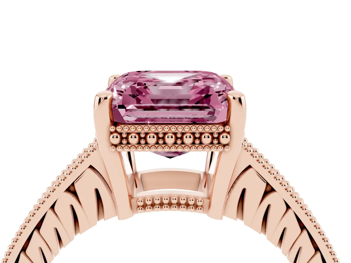 Fancy Pink Asscher Cut Solitaire Pavé Diamond Milgrain Engagement Ring with Four-Prong Setting Rose gold