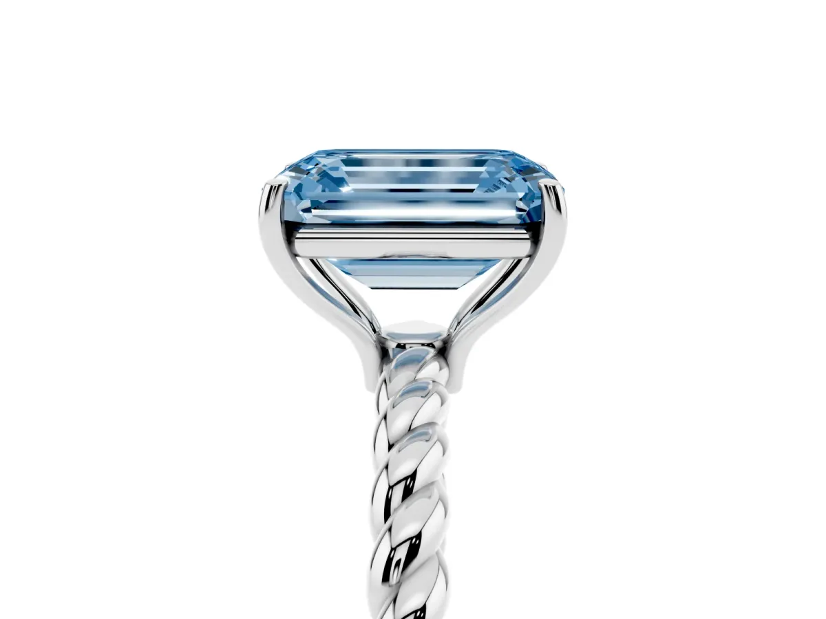 Fancy Blue Emerald Cut Solitaire Twist Band Ring with Four-Prong Setting Platinum