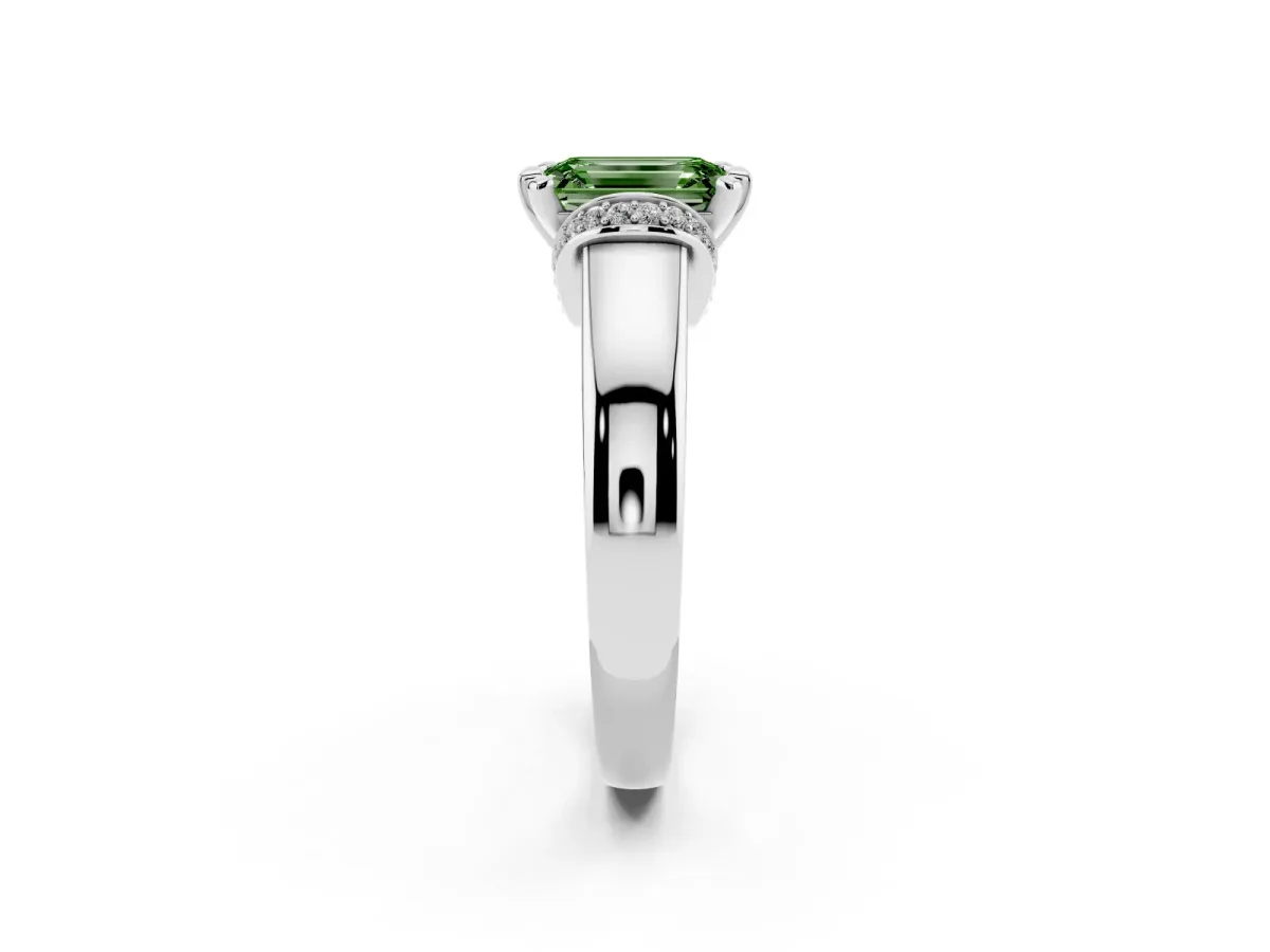 Fancy Green Emerald Cut Solitaire Diamond Ring with Pave Band and Six-Prong Setting Platinum