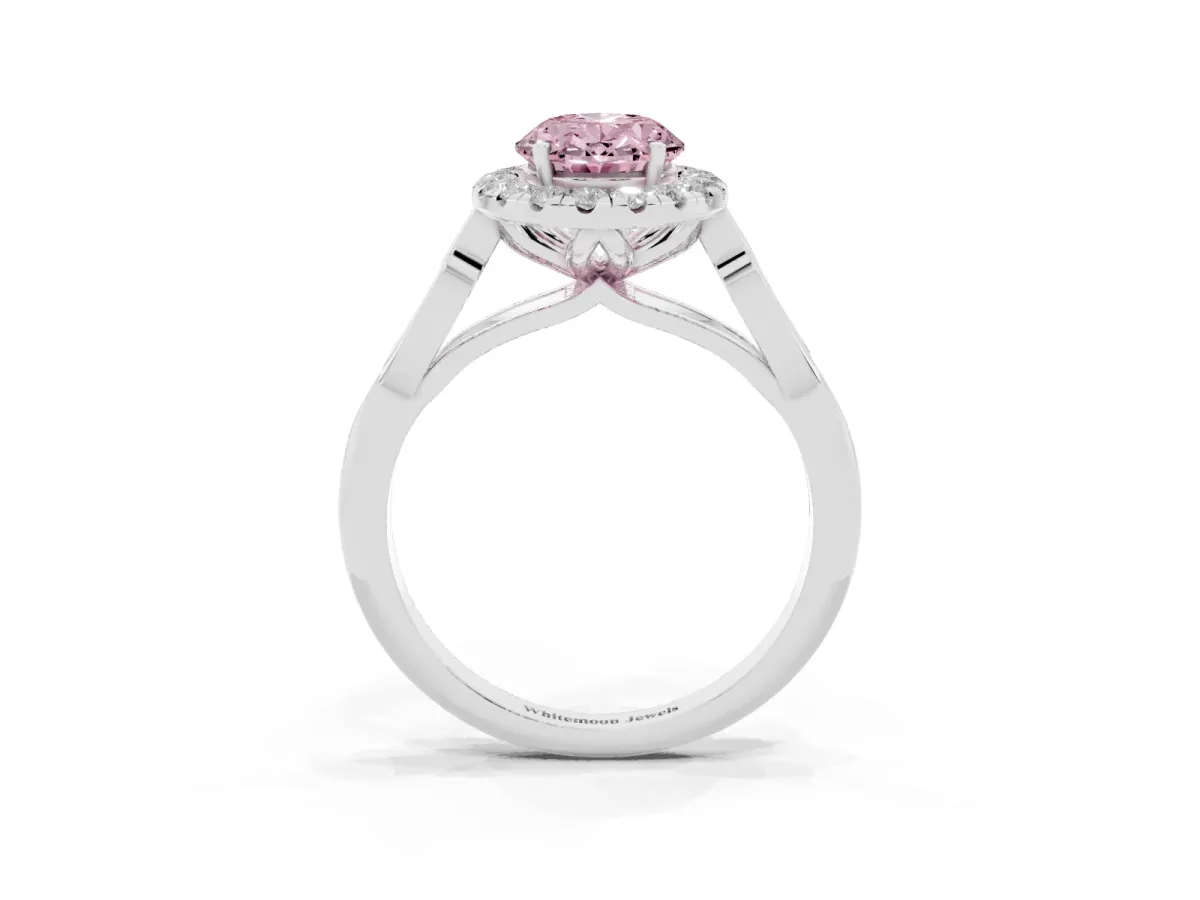 Fancy Pink Oval Cut Halo Diamond Engagement Ring with Filigree Band and Four-Prong Setting White gold