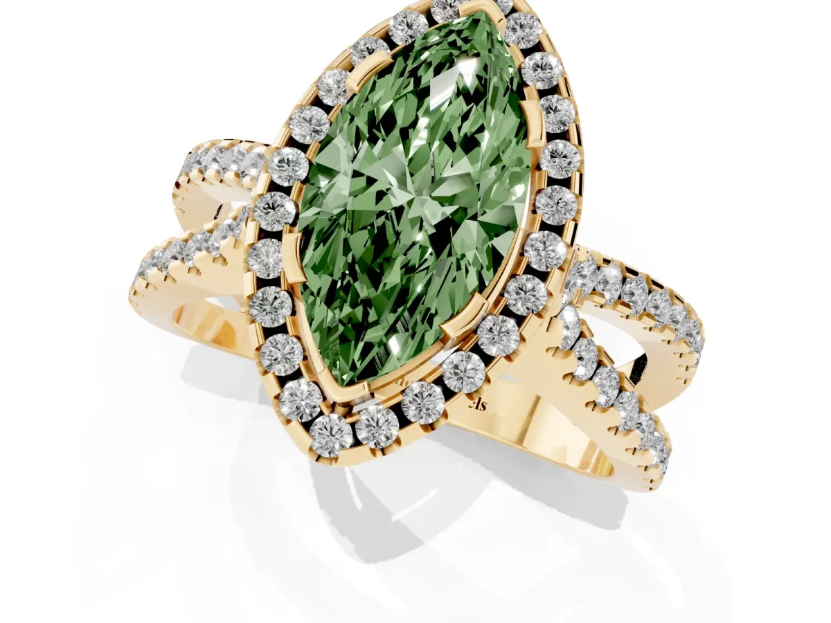 Fancy Green Marquise Cut Diamond Halo Ring with Split Shank Pavé Band and Prong Setting Yellow gold