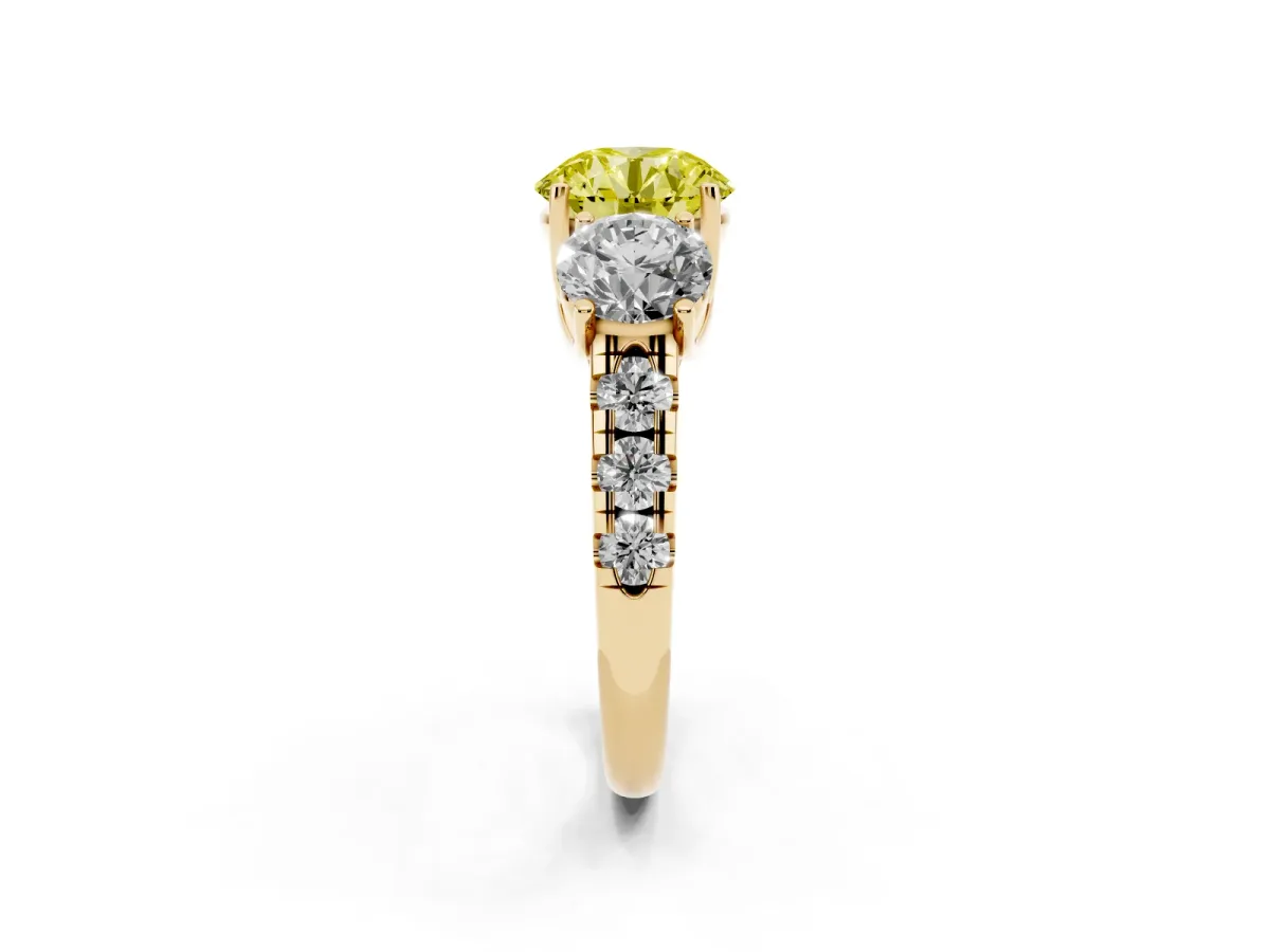 Fancy Yellow Three-Stone Round Cut Diamond Pavé Band with Prong Setting Yellow gold