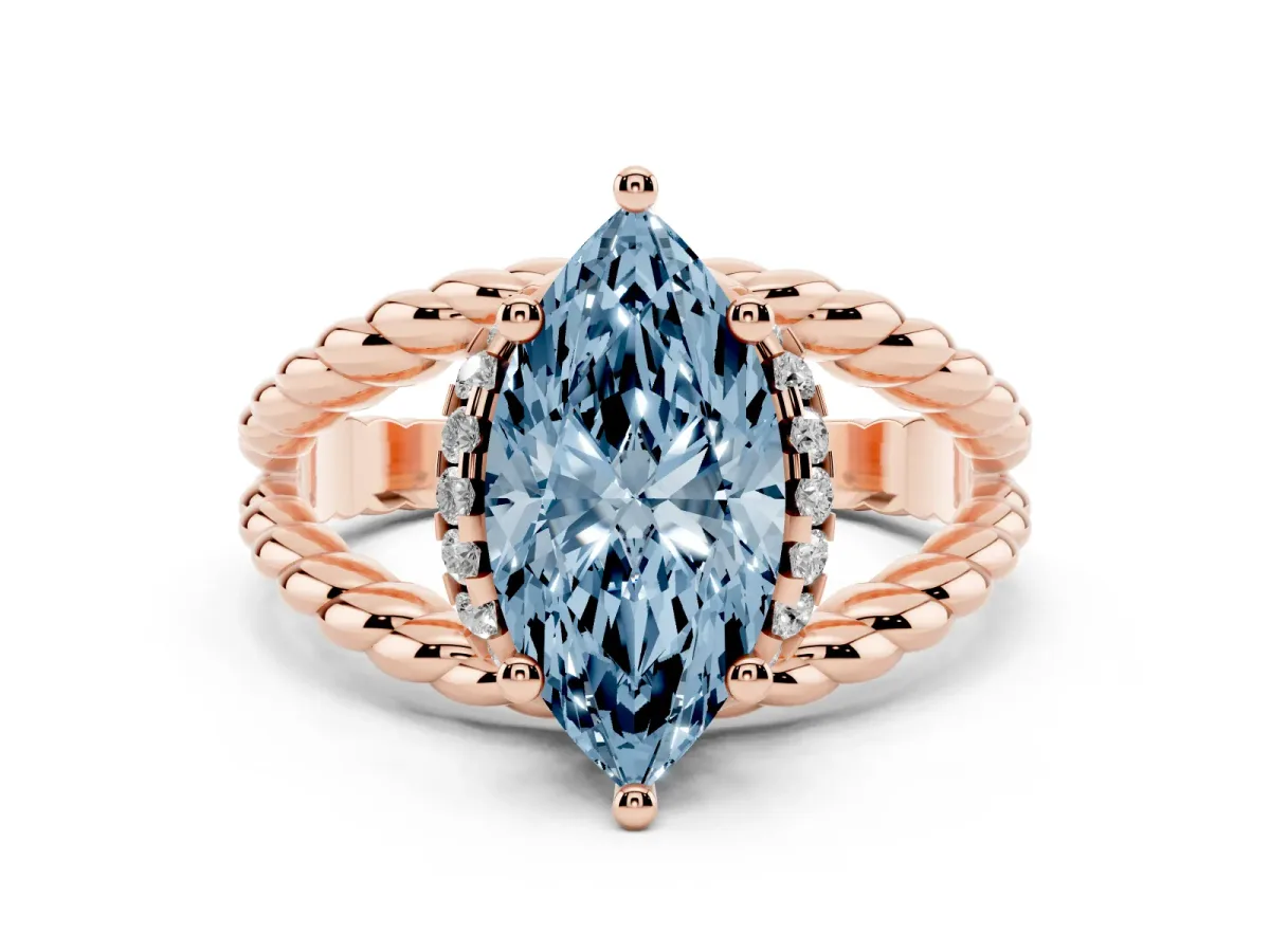 Fancy Blue Marquise Cut Halo Twisted Band Four-Prong Ring Rose gold