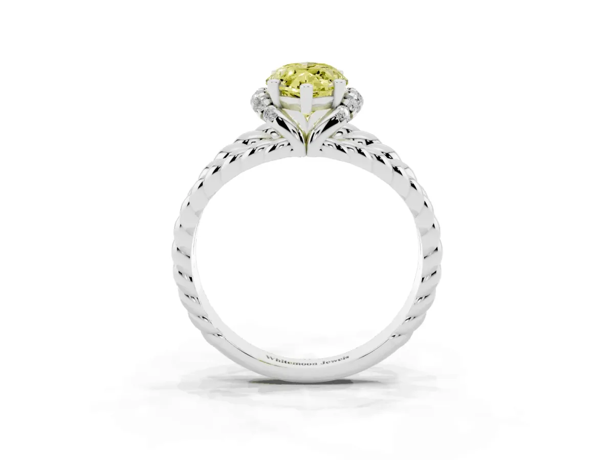 Fancy Yellow Marquise Cut Halo Twisted Band Four-Prong Ring Platinum