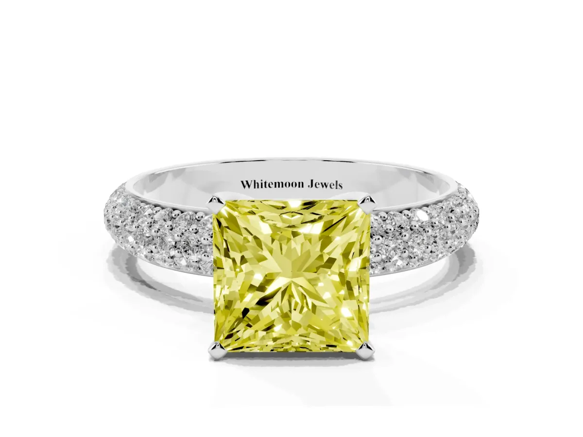 Fancy Yellow Princess Cut Diamond Solitaire Ring with Prong Setting and Pavé Band Silver