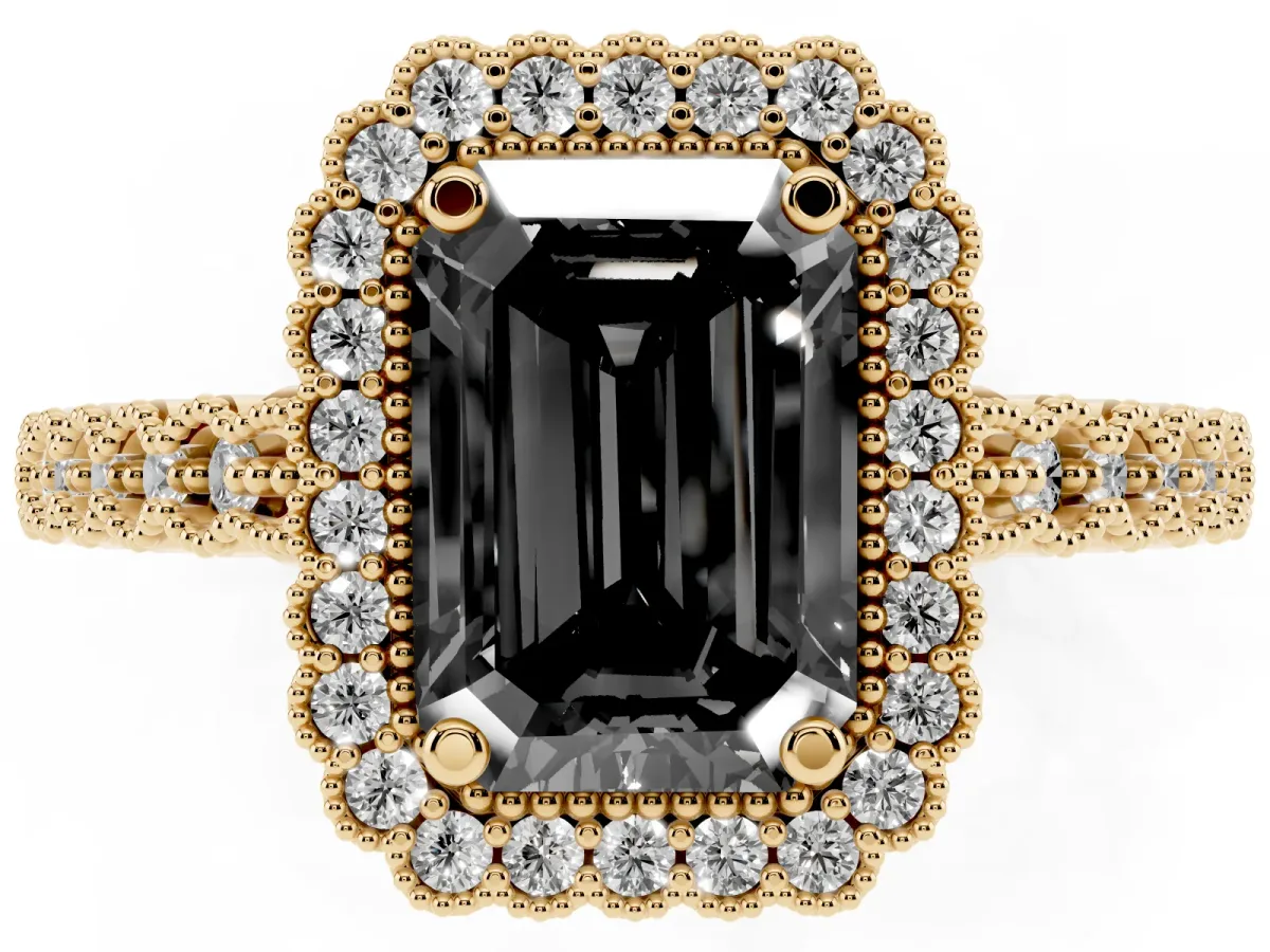 Fancy Black Emerald Cut Cut Halo Pavé Solitaire Ring with Milgrain Band Yellow gold