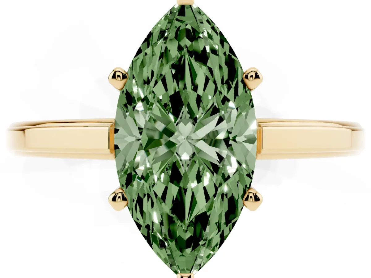 Fancy Green Marquise Cut Solitaire Diamond Ring with Four-Prong Setting and Classic Band Yellow gold